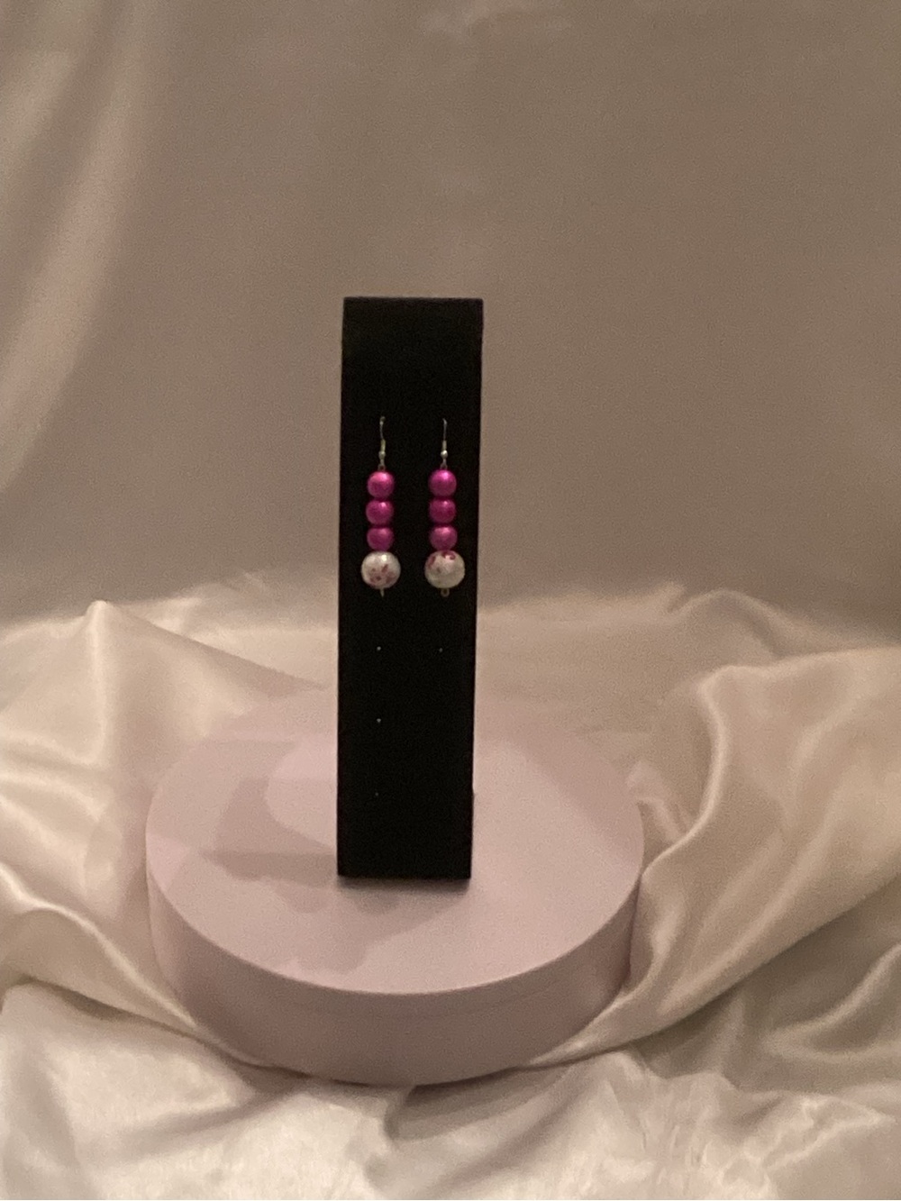 Handmade Pink Bead Drop Earrings with White Accent Bead